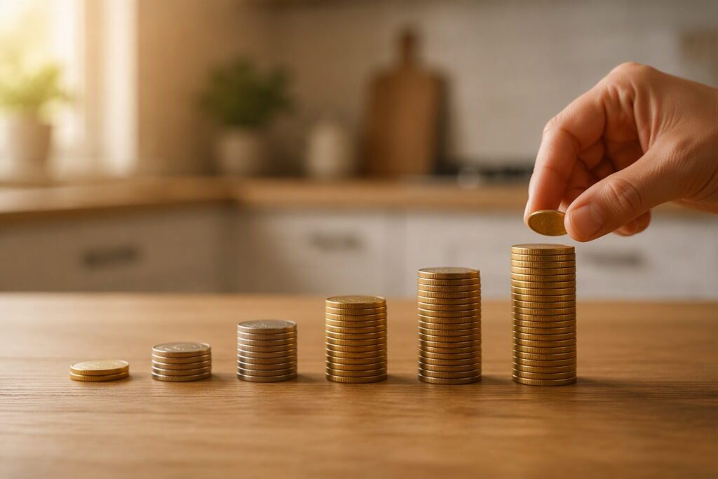 Hand adding a coin to an ascending row of coin stacks, steady investing