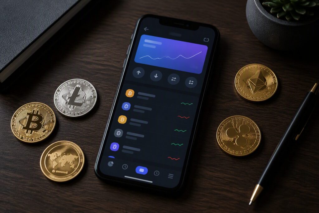Smartphone with a crypto wallet app surrounded by physical crypto coins on a dark desk