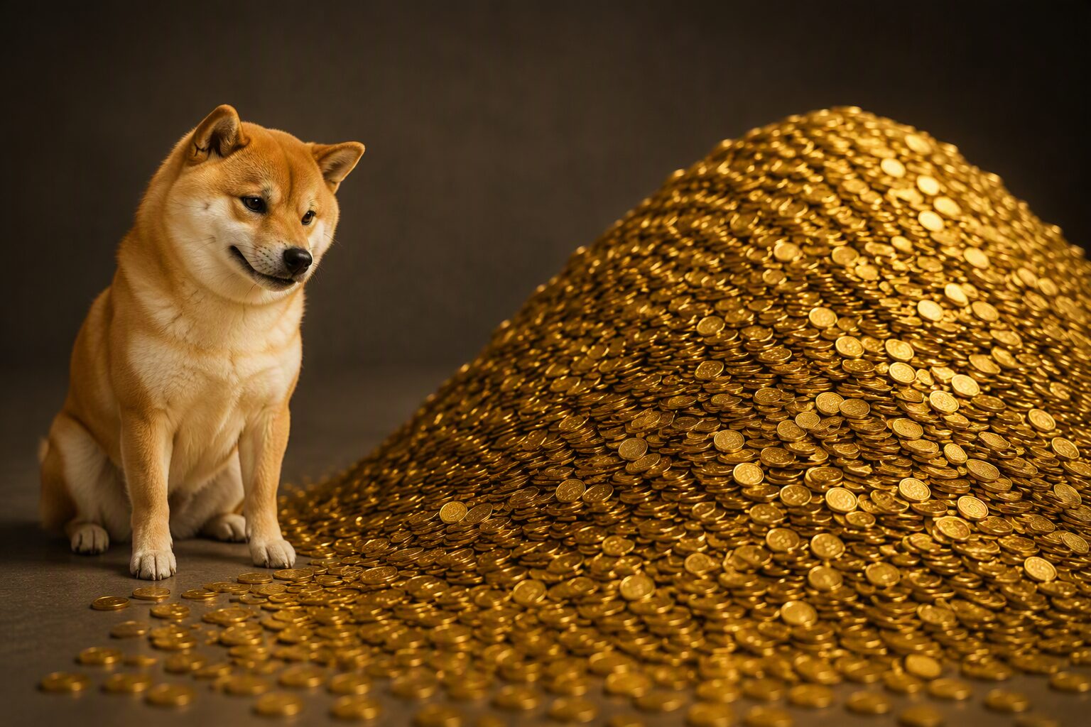 Shiba Inu next to a giant pile of coins
