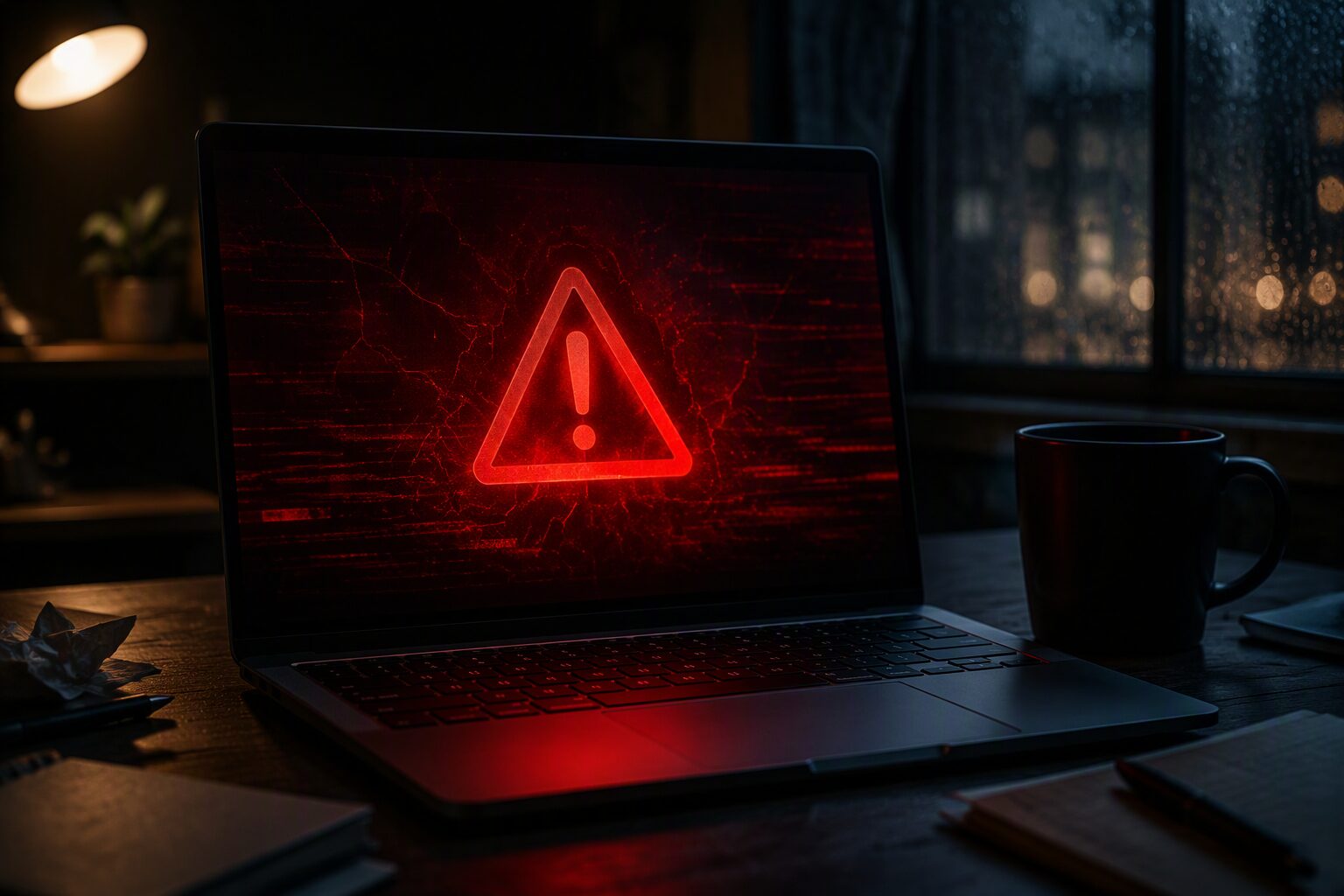 Laptop with a red warning glow